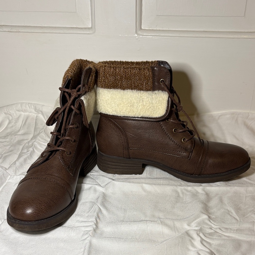 Brown Lace-Up Boots with Cream Cuff